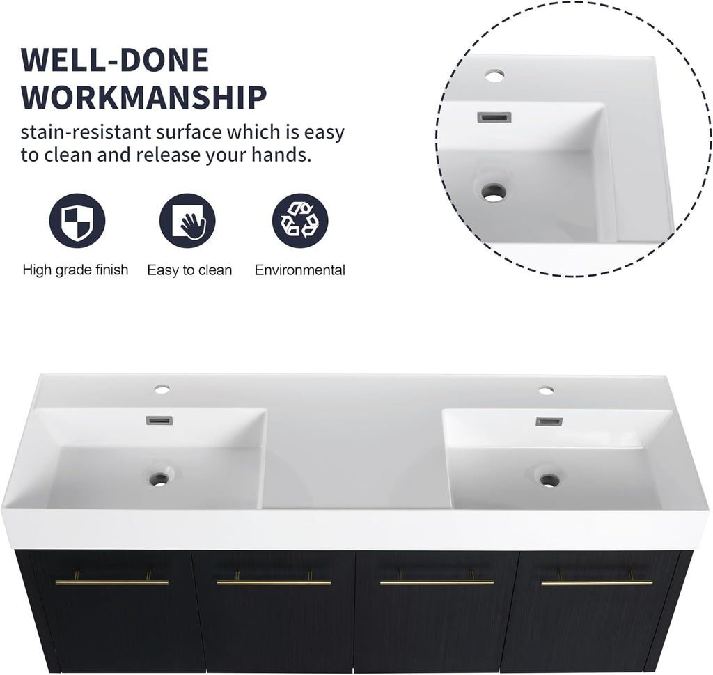 60' Black Wall Mounted Double Sink Vanity, High End Floating 4 Door Cabinet with Thicken Edge Resin Sink, 60 Inch Large Wood Vanity with Gold Handle