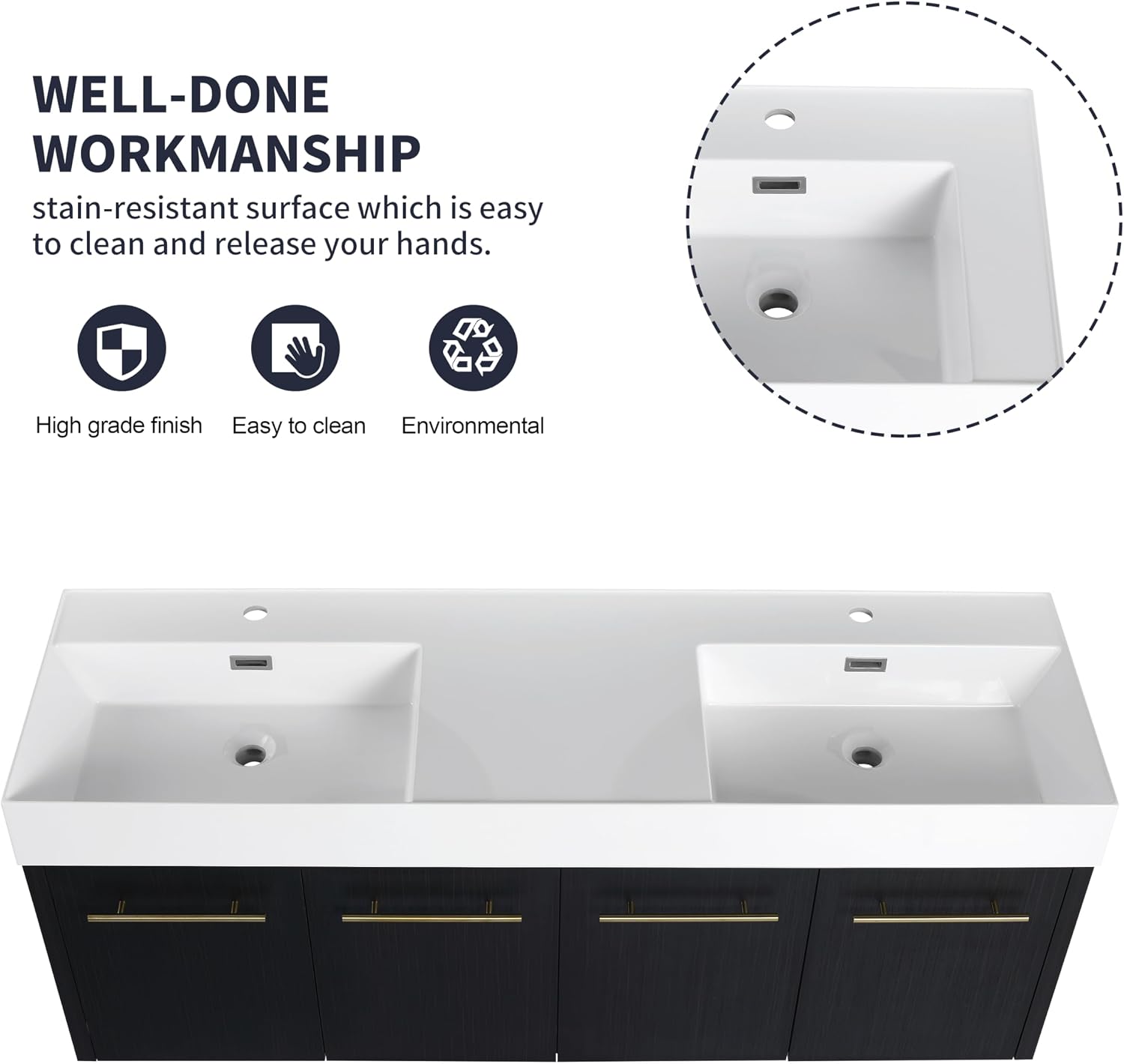 60' Black Wall Mounted Double Sink Vanity, High End Floating 4 Door Cabinet with Thicken Edge Resin Sink, 60 Inch Large Wood Vanity with Gold Handle