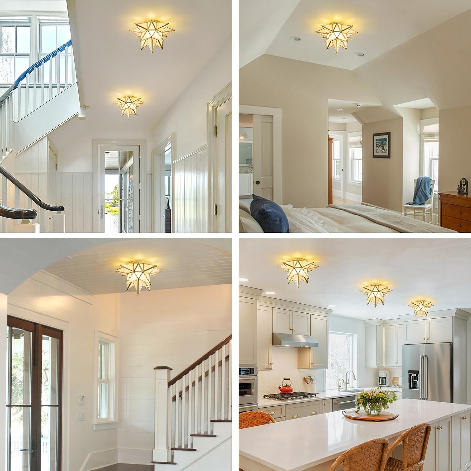 Moravian Brass Star Ceiling Light - Gold Vintage Antique Flush Mount Lighting - Art Deco Mid Century Milk Glass Fixture Lights for Hallway Bedroom Room Hall Entryway Laundry Foyer Kitchen Schoolhouse