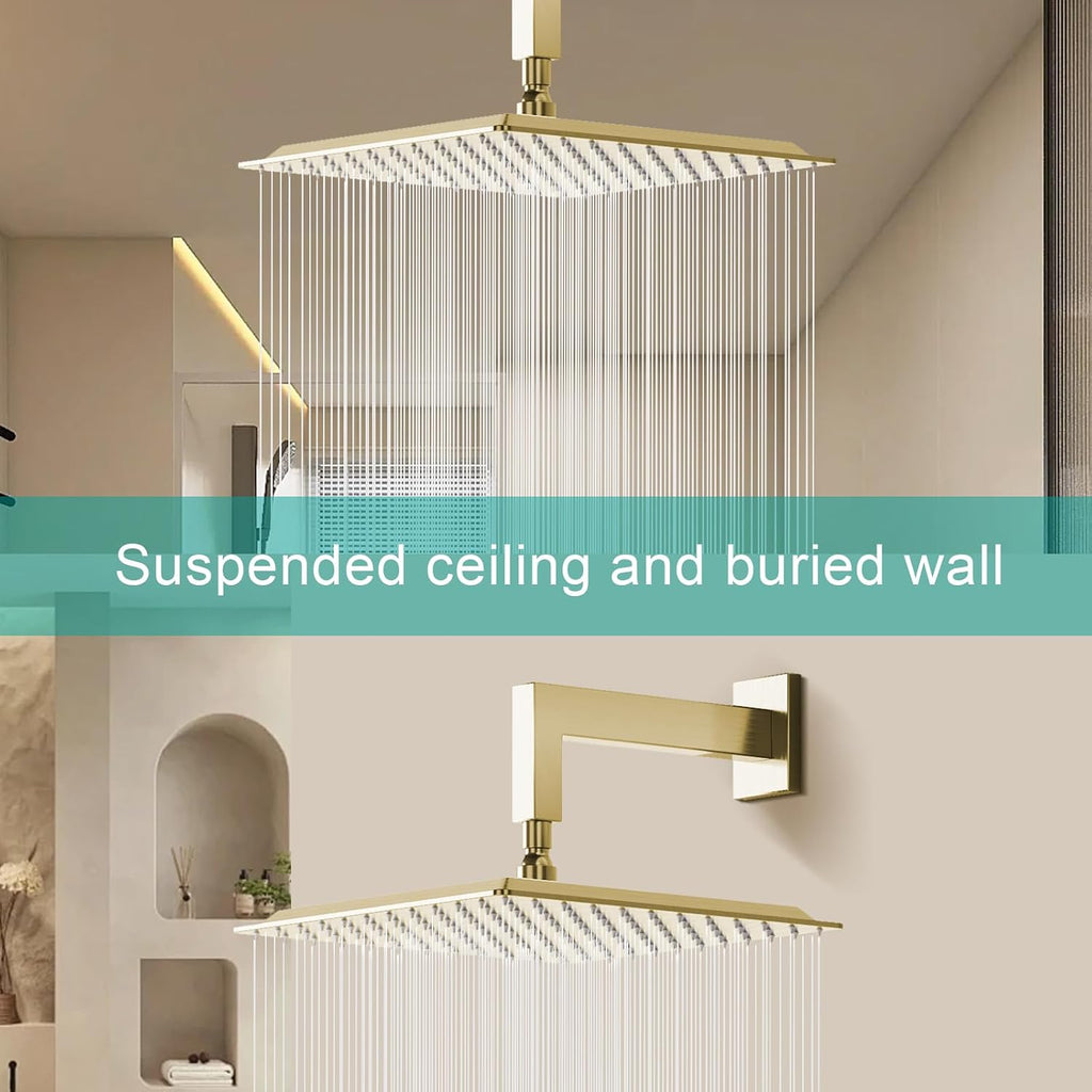 Square Rain Shower Head, High Flow Stainless Steel,Work with any decorative style，All Metal Rainfall Shower Head (Brushed Gold, 12)