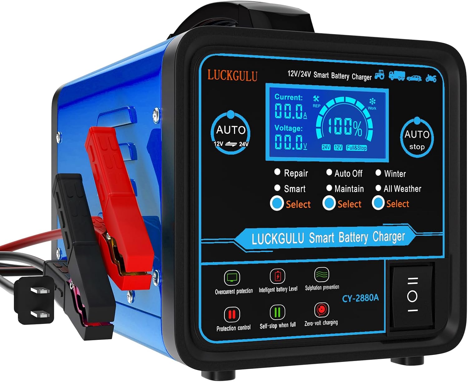 12V/24V Car Battery Chargers Heavy Duty, 15A Automatic Battery Maintainer with Auto Shutoffs, Repair, Winter Mode, High/Low Power Smart Trickle Charger and Desulfator,for Boat,Motorcycle