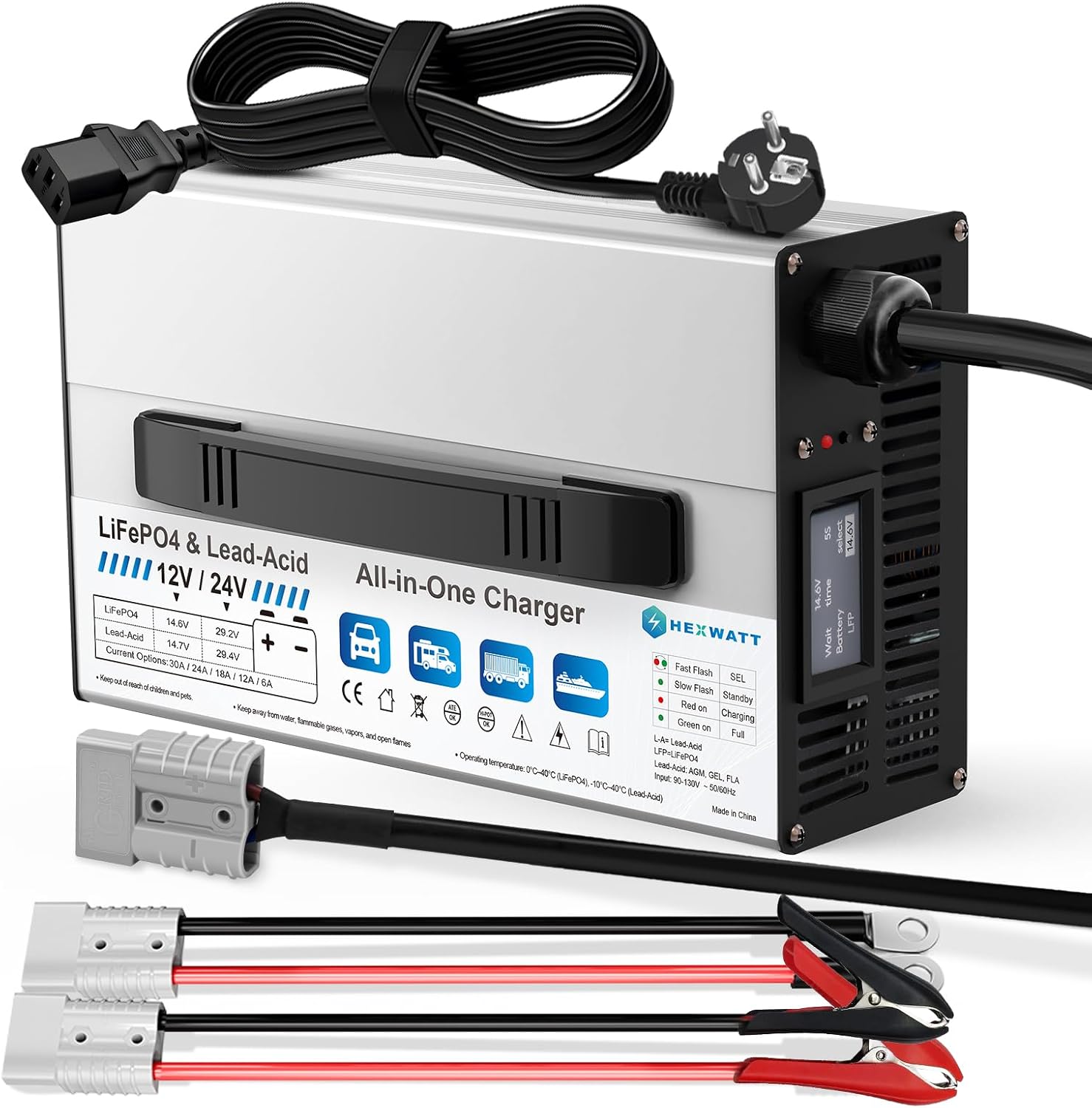 12V/24V LiFePO4 & AGM All in One Battery Charger Adjustable Current 6A-30A LiFePO4 14.6V 30A,29.2V 30A,Lead-Acid,AGM,Gel Fast Smart Battery Charger for Car,RV,Boat,Truck,Solar System