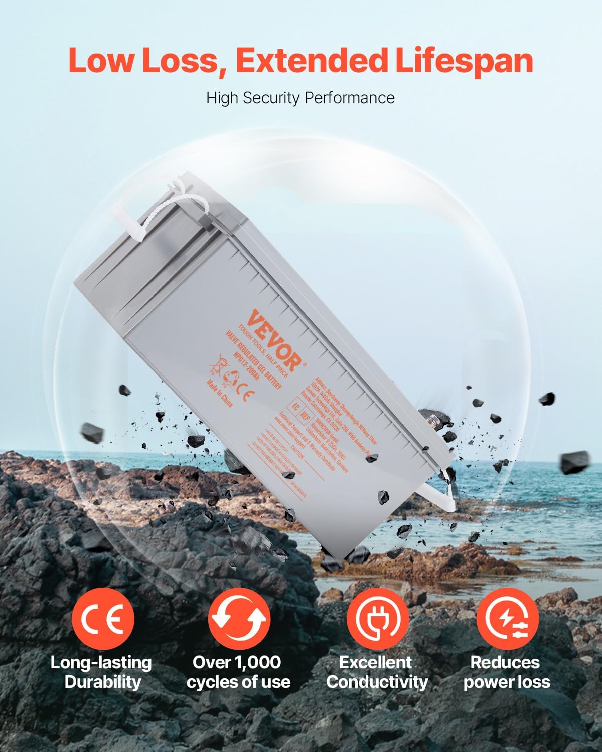 VEVOR Deep Cycle Battery, 12V 200 AH Rechargeable AGM Marine Battery, Designed for RV Solar Off-Grid Use, UPS Backup, Deep Cycle Marine Battery with a Self-Discharge Rate, 1400A Current