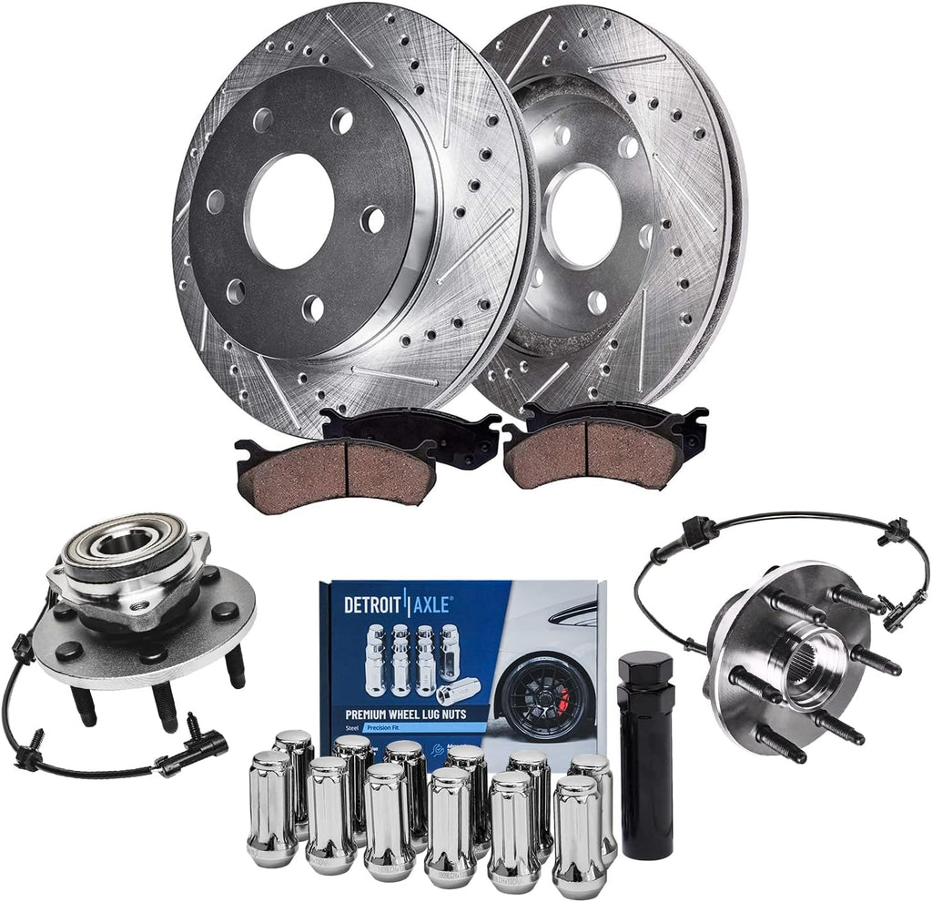 Detroit Axle - 4WD Front Drilled Rotors Brake Pads Wheel Hubs + 12pc Lug Nuts w/key Replacement for Sierra Silverado 1500 Escalade Esv Ext - 19pc Set