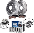 Detroit Axle - 4WD Front Drilled Rotors Brake Pads Wheel Hubs + 12pc Lug Nuts w/key Replacement for Sierra Silverado 1500 Escalade Esv Ext - 19pc Set