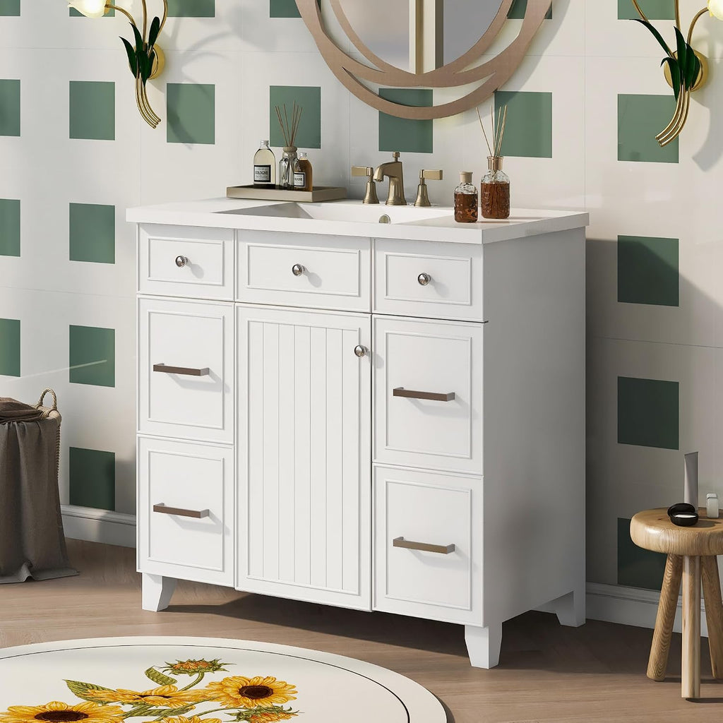 LUMISOL 36' Bathroom Vanity with Sink Top, Modern Bathroom Vanity with 3 Drawers & Cabinet, Solid Wood Bathroom Cabinet with Undermount Basin, White