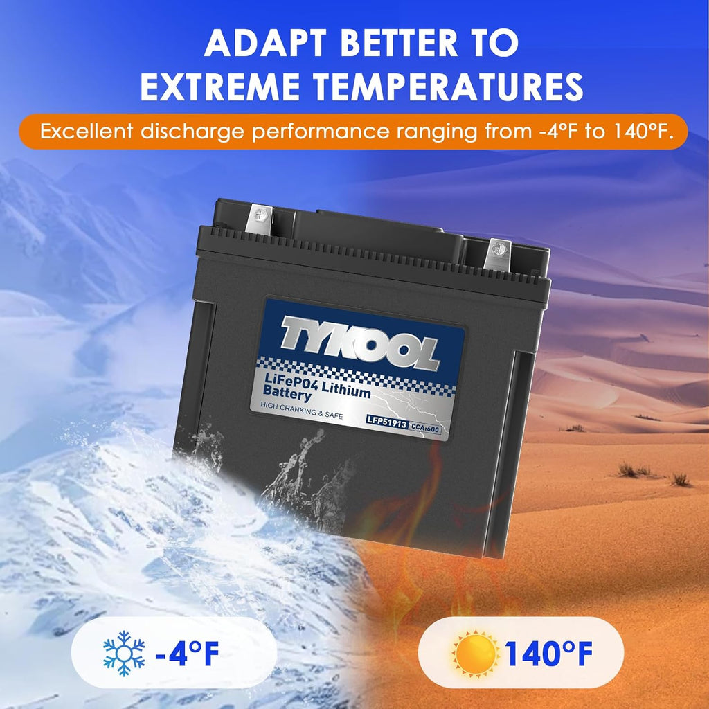TYKOOL LFP51913 Lithium Motorcycle Battery, Replaces 51913 YT19BL-BS PC680, 600CCA 12Ah, Fits for BMW R1150RT R1150GS R1200RT R1200C K1200LT K1200GT Moto Guzzi California 1100, Digital Readout [- +]