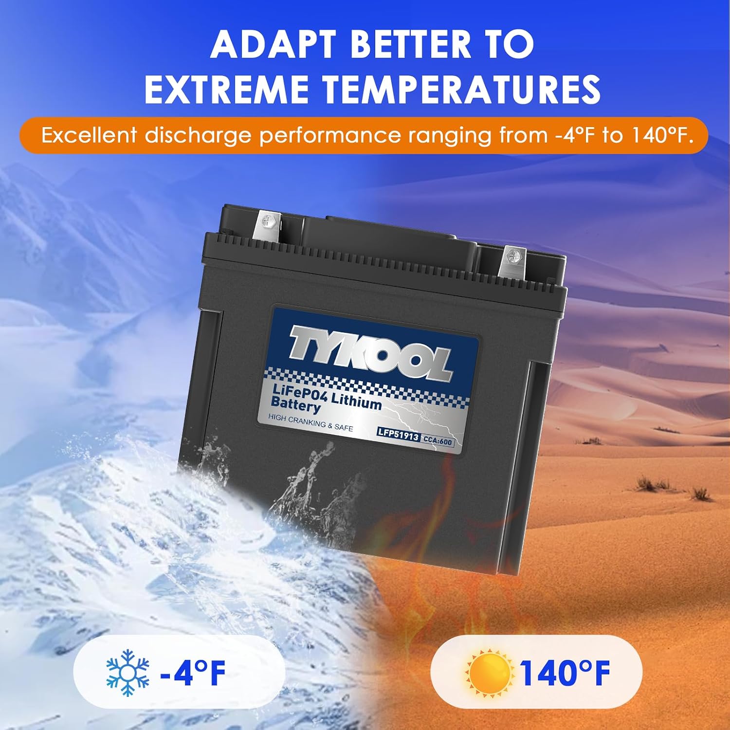 TYKOOL LFP51913 Lithium Motorcycle Battery, Replaces 51913 YT19BL-BS PC680, 600CCA 12Ah, Fits for BMW R1150RT R1150GS R1200RT R1200C K1200LT K1200GT Moto Guzzi California 1100, Digital Readout [- +]