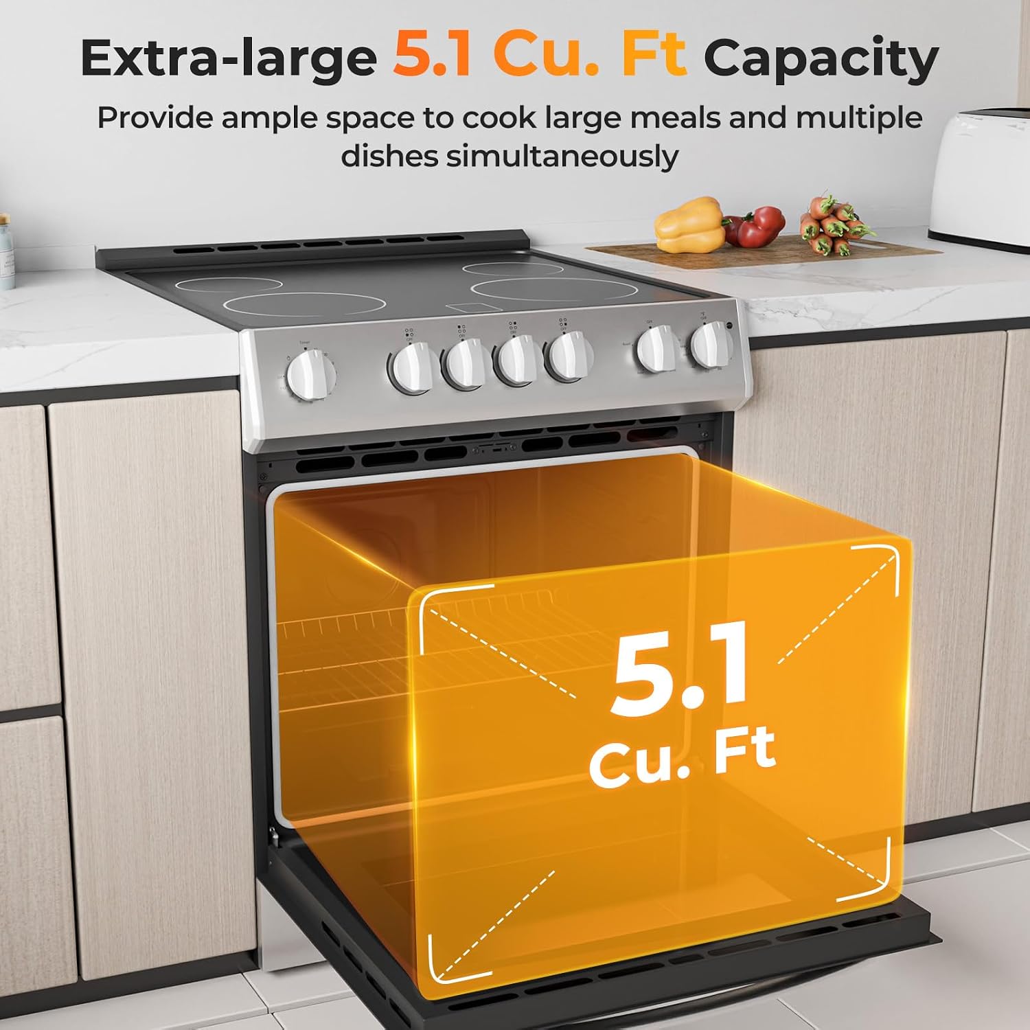COSTWAY Electric Range, 30 Inch Freestanding & Slide-in Kitchen Stove with 4 Burners Ceramic Cooktop, 5.1 Cu.Ft. Capacity, Stainless Steel Convection Oven with 3 Cooking Modes and 10-120 Mins Timer