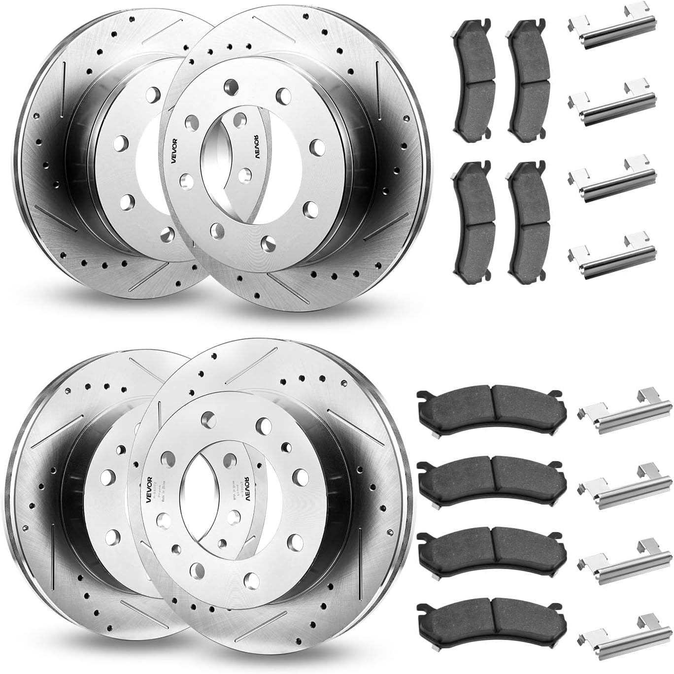 VEVOR Front and Rear Brake Kit Compatible with 2002-2006 Chevrolet Avalanche 2500 (8 STUD), 2002-2004 Chevrolet Silverado 2500 (Models w/Manual Transmission ONLY), Drilled & Slotted Brake Rotors