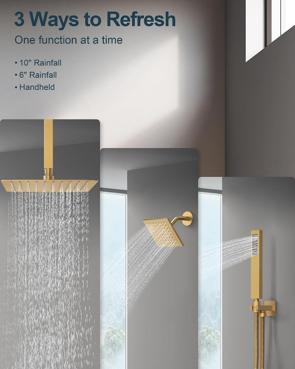 Brushed Gold 3-Function Shower System with 10' Rainfall & 6' Secondary Shower Head, Handheld Combo Set, Wall Mounted cUPC Certified Pressure Balance Valve