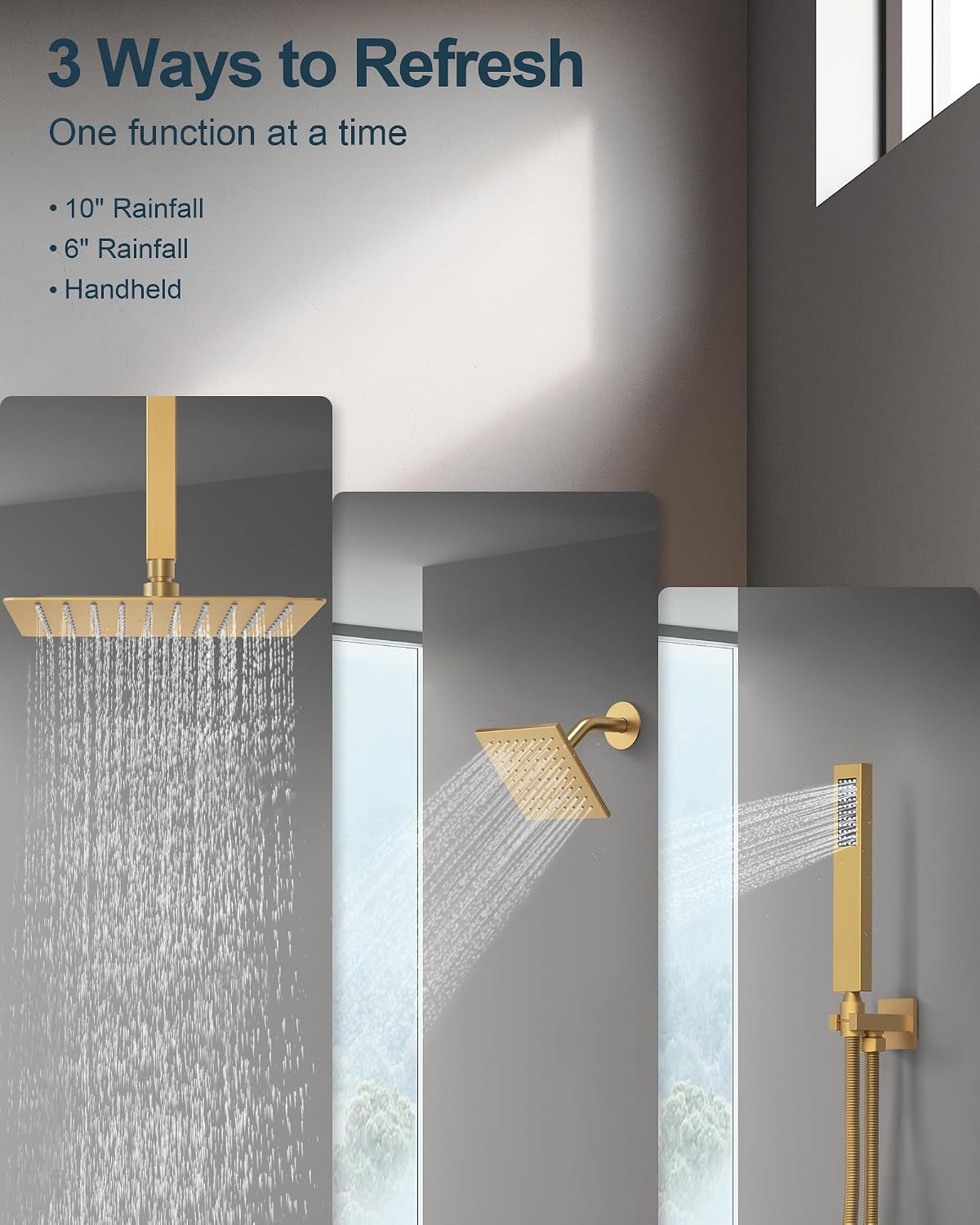 Brushed Gold 3-Function Shower System with 10' Rainfall & 6' Secondary Shower Head, Handheld Combo Set, Wall Mounted cUPC Certified Pressure Balance Valve