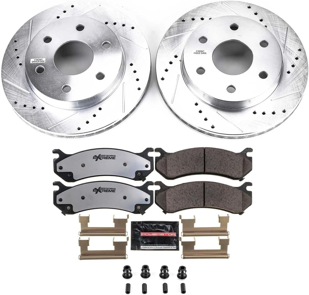 PowerStop Front Brake Kit For Cadillac Escalade 2002-06 |GMC Yukon 2000-06 |Chevrolet Silverado 1500 1999-06 - Truck & Tow Carbon Fiber Ceramic Brake Pads + Drilled & Slotted Rotors Upgrade, K2009-36