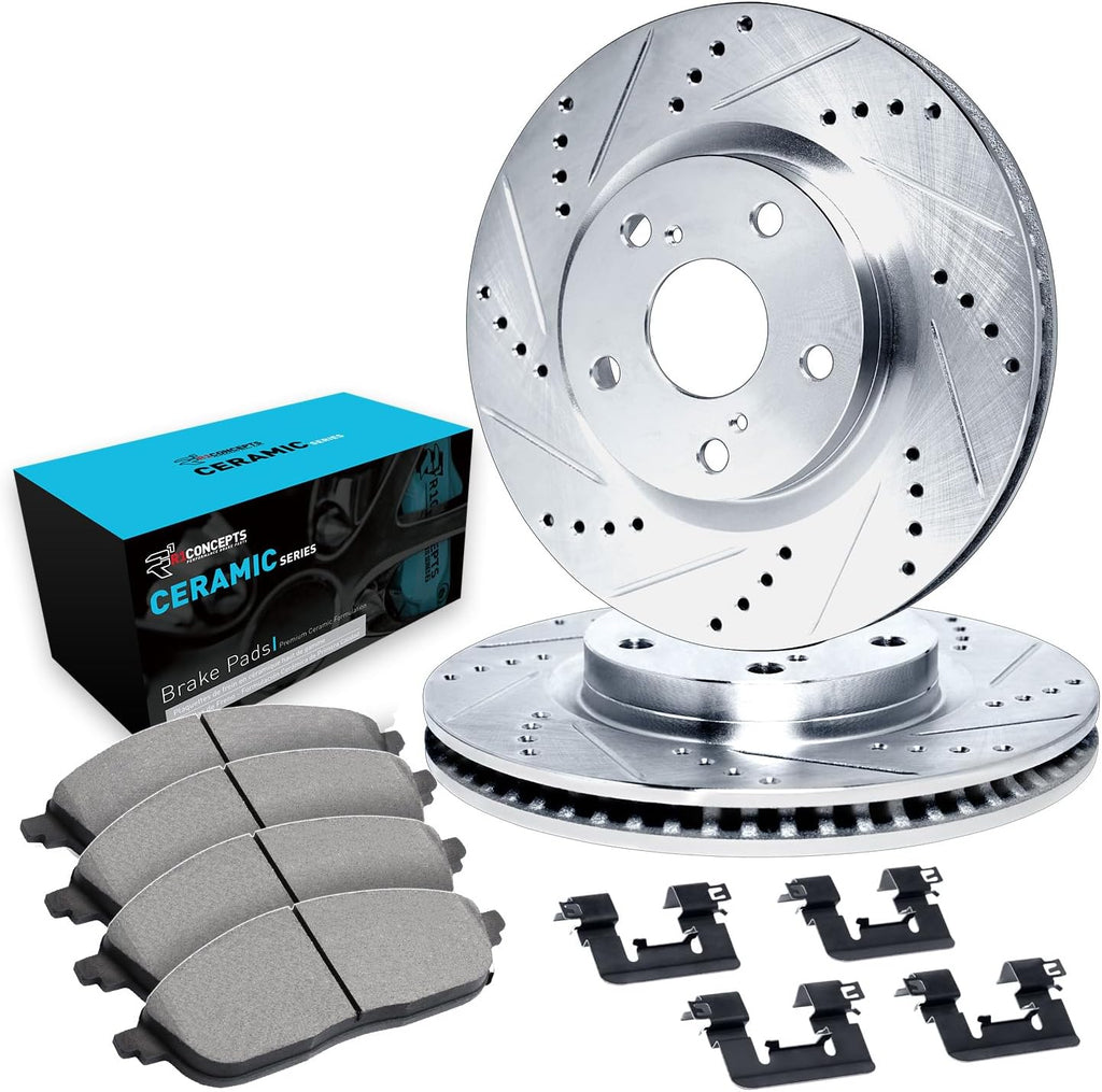 R1 Concepts Front Brake Kit Fits 2013-2019 Nissan Sentra| Ceramic Pads, Drilled Slotted Rotors| Hardware| 11.0' Front