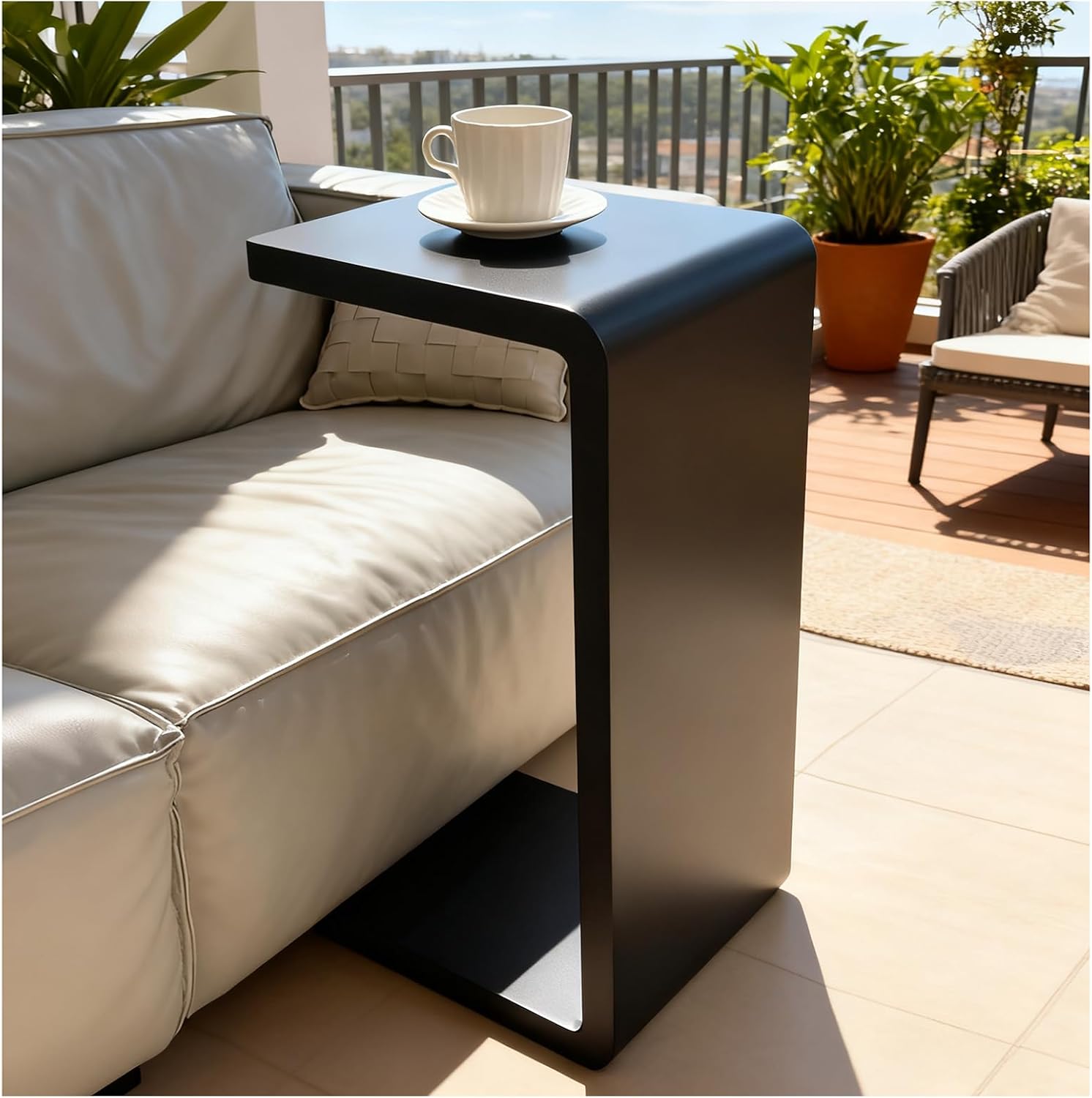 Solid Wood End Table for Couch, C Shaped Mini Sofa Side Table for Small Narrow Spaces, Wooden Nightstand for Living Room Bedroom Laptop Work Desk, Bedside Table for Office Balcony (1, black small)