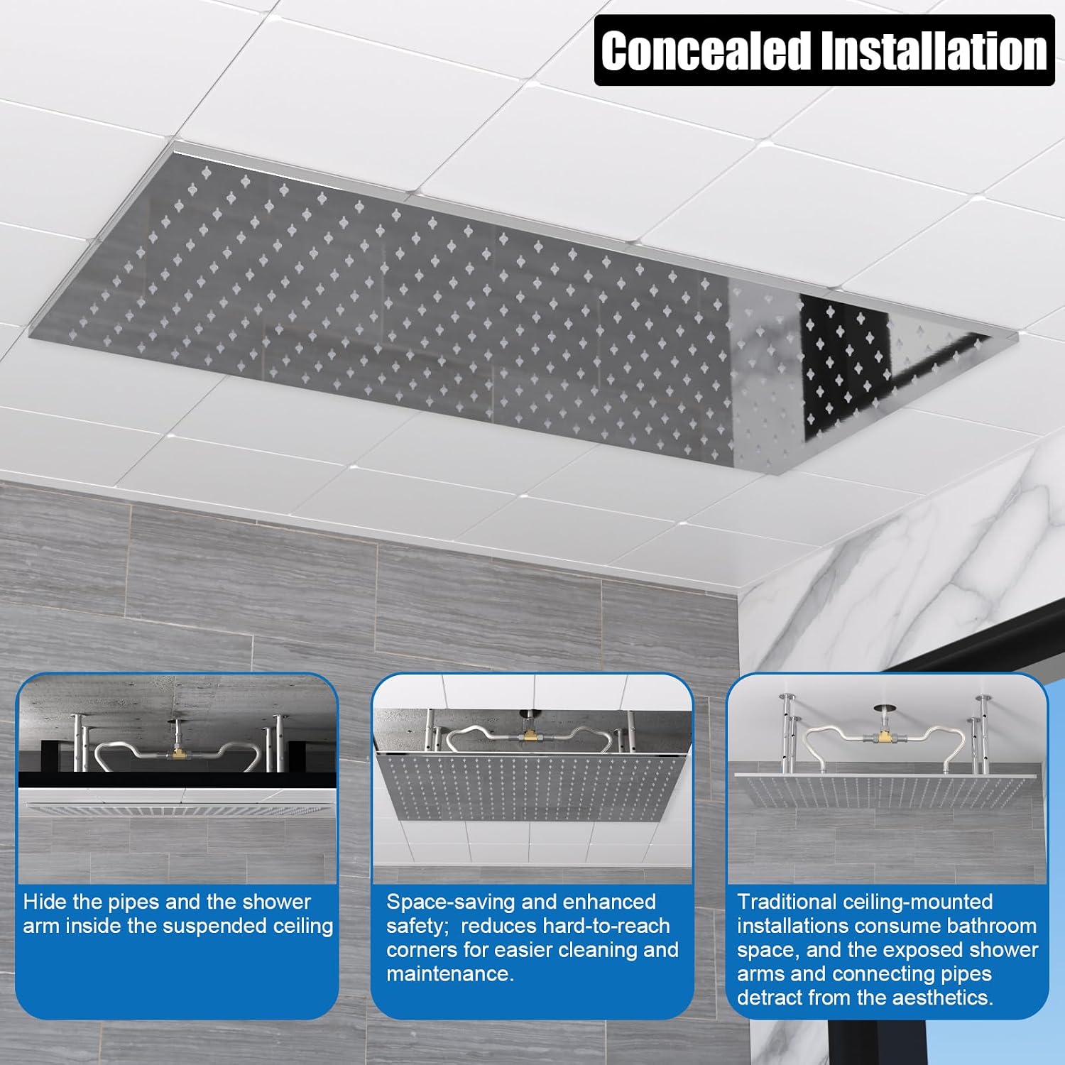 Luxury 15.7x31.5inch LED Rainfall Shower Multi Shower Head Thermostatic Shower System with Body Spray, Chrome
