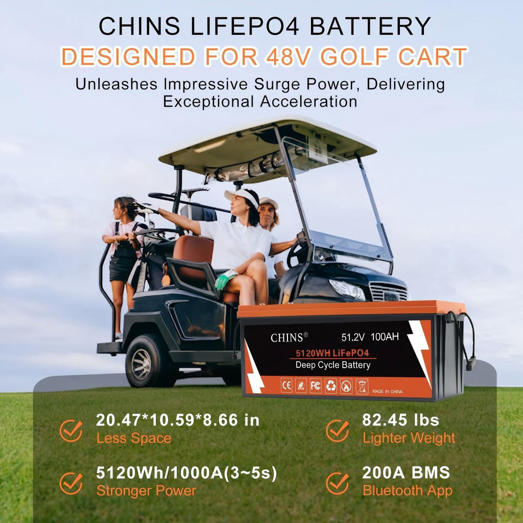 CHINS 48 Volt Lithium Battery for Golf Cart with 18A Charger, 48V Lithium Battery with 200A BMS, LCD & Mobile Monitor, 5.12kWh with 10.24kW Output, 1000A Peak Current for Golf Cart