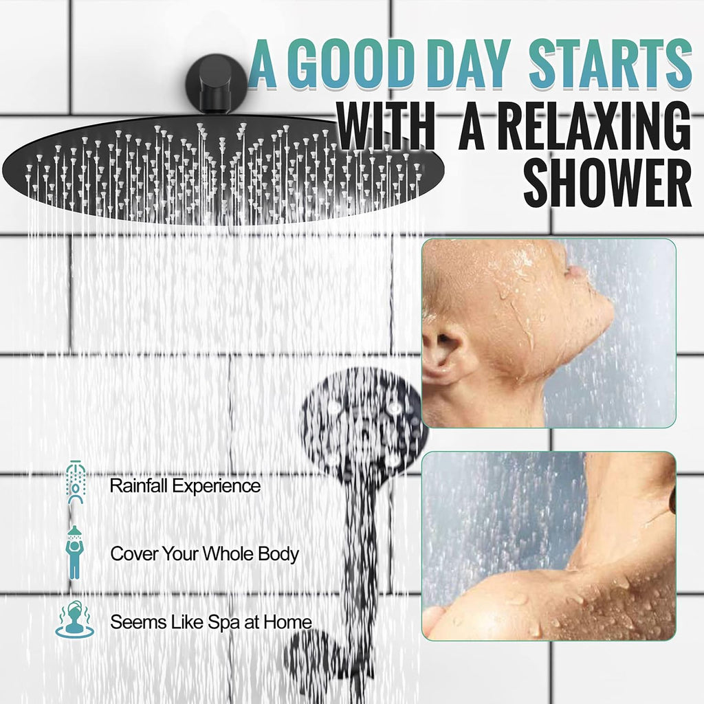 SR SUN RISE Shower Faucet - 16 Inch Multifunctional High Pressure Shower Head System with Handheld Shower Head Fixtures - Valve Included - Matte Black