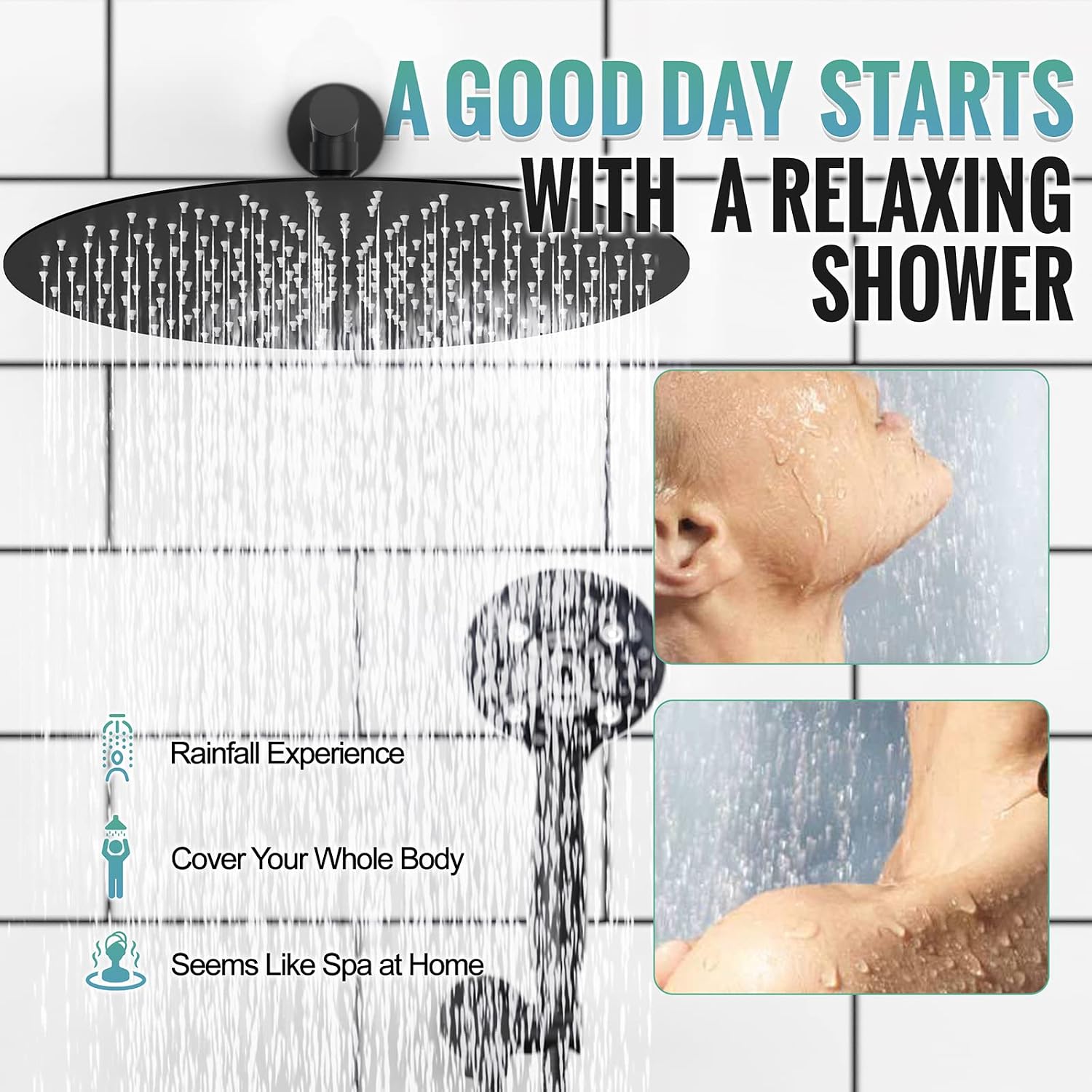 SR SUN RISE Shower Faucet - 16 Inch Multifunctional High Pressure Shower Head System with Handheld Shower Head Fixtures - Valve Included - Matte Black