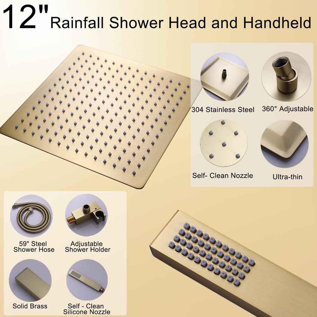 Digital Display Shower Faucet Set With 12 Inch Rainfall Shower Head,Brass Handheld Sprayer And 6pcs Body Jets,Full Body Shower System (Brushed Gold)
