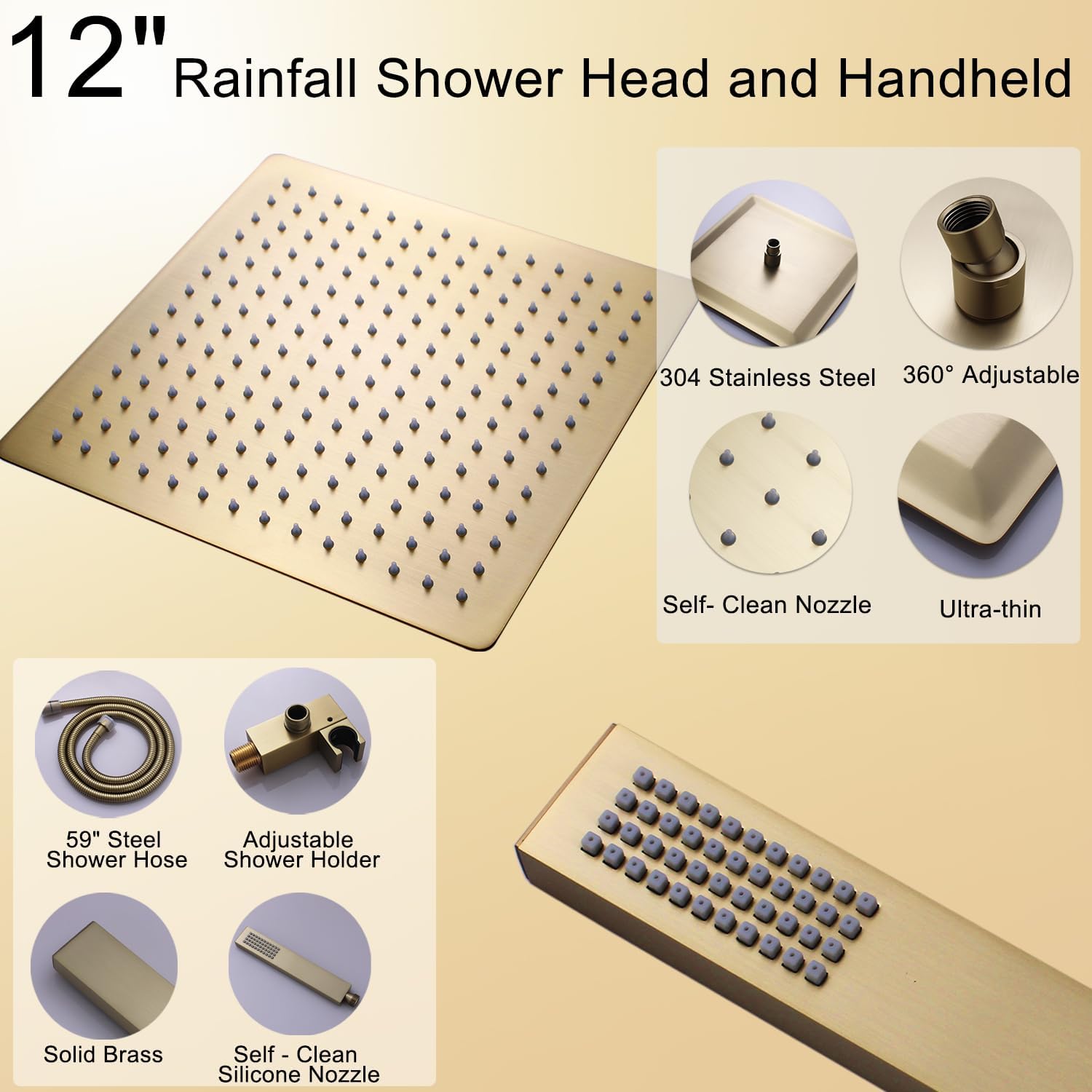 Digital Display Shower Faucet Set With 12 Inch Rainfall Shower Head,Brass Handheld Sprayer And 6pcs Body Jets,Full Body Shower System (Brushed Gold)