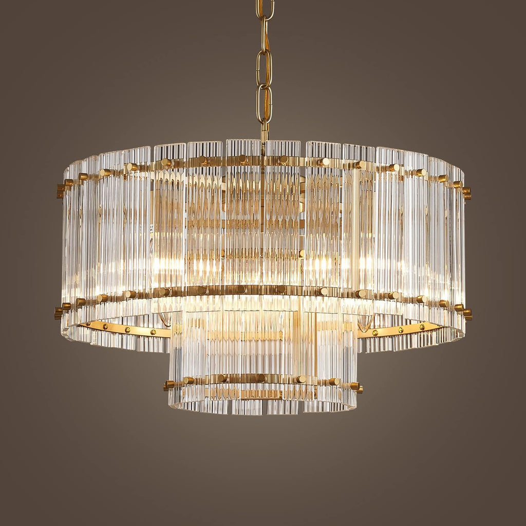 Saint Mossi Drum Glass Chandelier for Dining Room, 7 Light Gold Pendant Chandelier Light Fixture, Doule Layer Design, D18 x H10, Adjustable 59' Chains, Ripple Glass Shade & Gold Finish Metal Frame