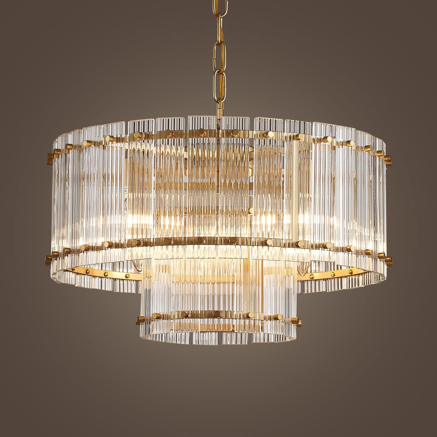 Saint Mossi Drum Glass Chandelier for Dining Room, 7 Light Gold Pendant Chandelier Light Fixture, Doule Layer Design, D18 x H10, Adjustable 59' Chains, Ripple Glass Shade & Gold Finish Metal Frame