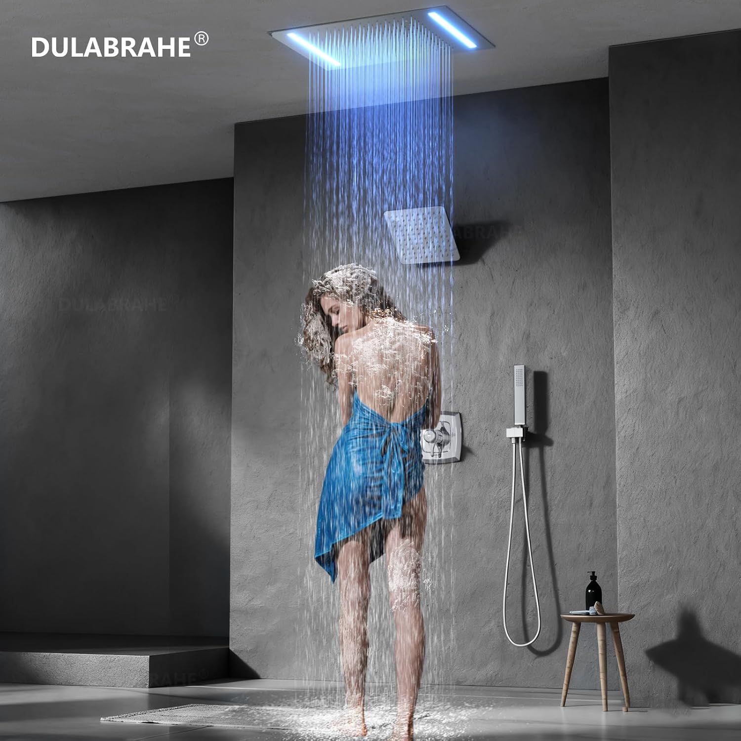 14 X 20 Inch Ceiling LED Rain Shower Head, Dual Rainfall Smart Shower System Set With 8 Inch Wall Head For Two People (Chrome Polished)