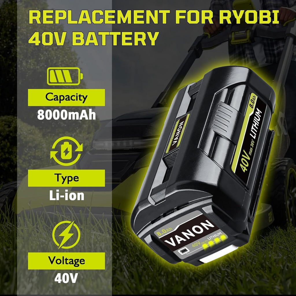 VANON OP4040 8.0Ah 40V Lithium-Ion Battery Compatible with Ryobi 40V Tools Replacement for OP4015 OP4026 OP40201 OP40261 OP4030 OP40401 OP4050 OP40501 RY40200 with LED Indicator 2-Pack