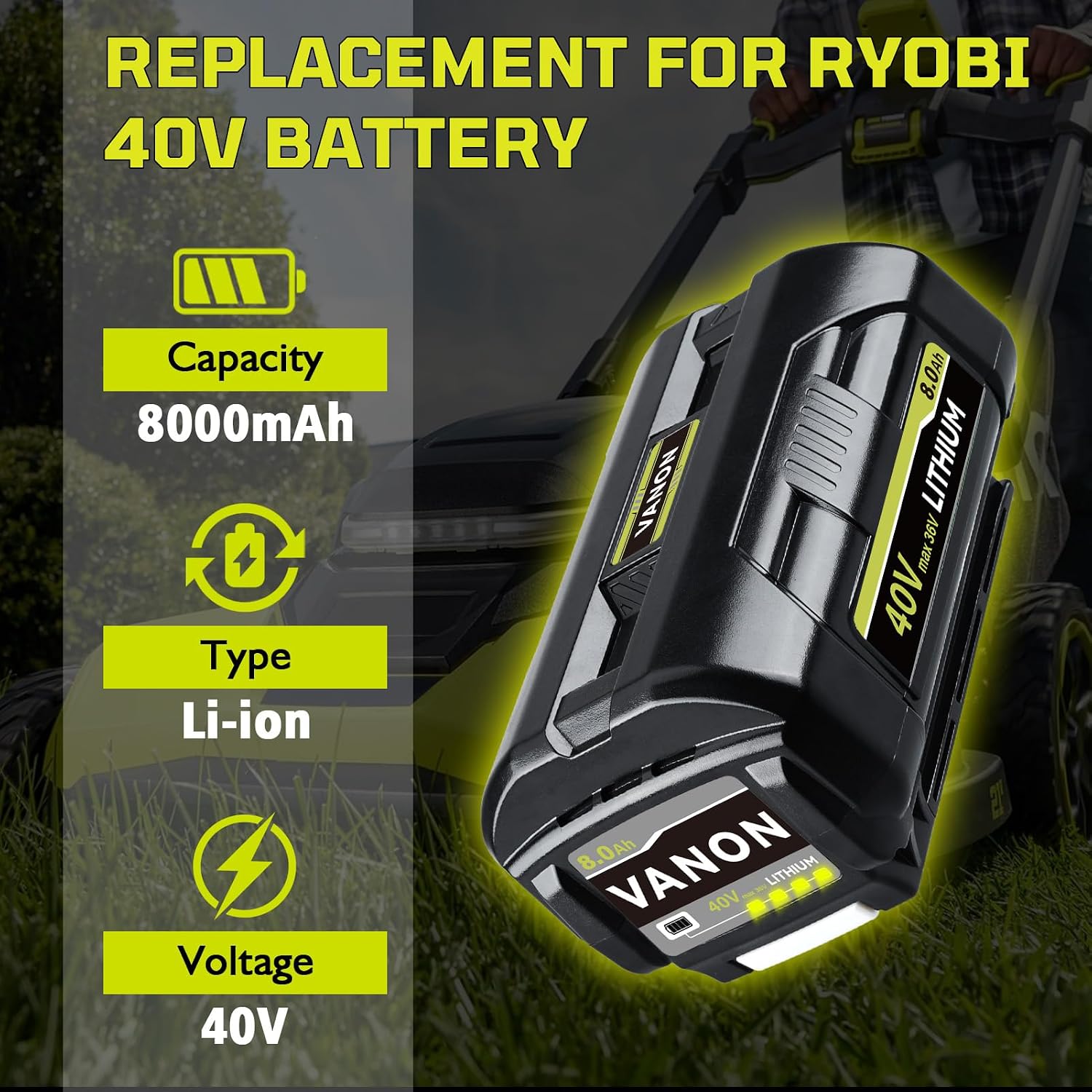 VANON OP4040 8.0Ah 40V Lithium-Ion Battery Compatible with Ryobi 40V Tools Replacement for OP4015 OP4026 OP40201 OP40261 OP4030 OP40401 OP4050 OP40501 RY40200 with LED Indicator 2-Pack