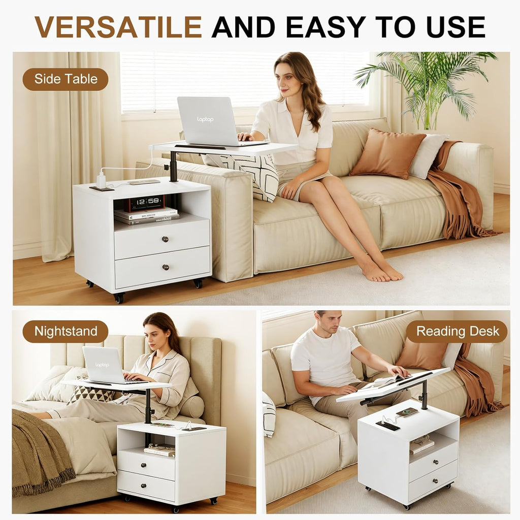 Bedroom Nightstand with Drawers & Charging Station, Adjustable Height Bedside Table with Wheels, Wooden Small Sofa Side Tables with Storage for Living Room, White