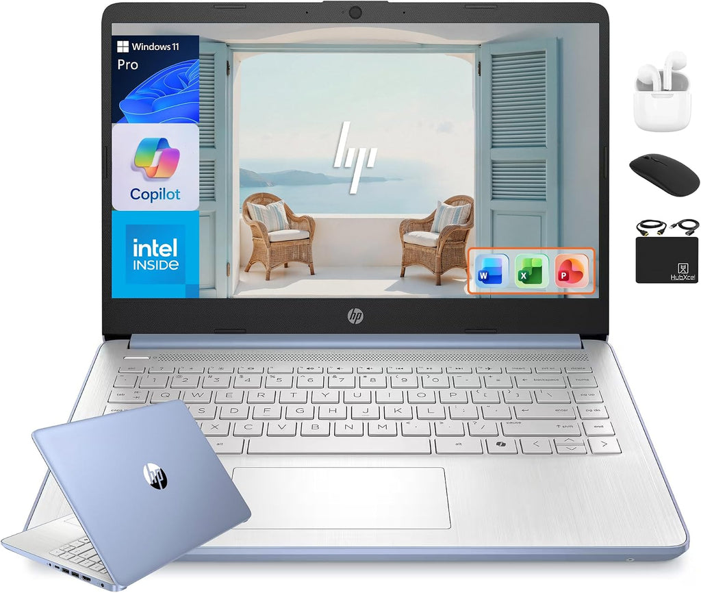 HP 14' Flagship Laptop 2025 AI-Powered Computer, Office Lifetime, Student Business, 4-Core Intel CPU, 16GB RAM 628GB Storage (128GB UFS+ 500GB Ext), Long Battery HubxcelAccessory Win 11 Pro Sky Blue