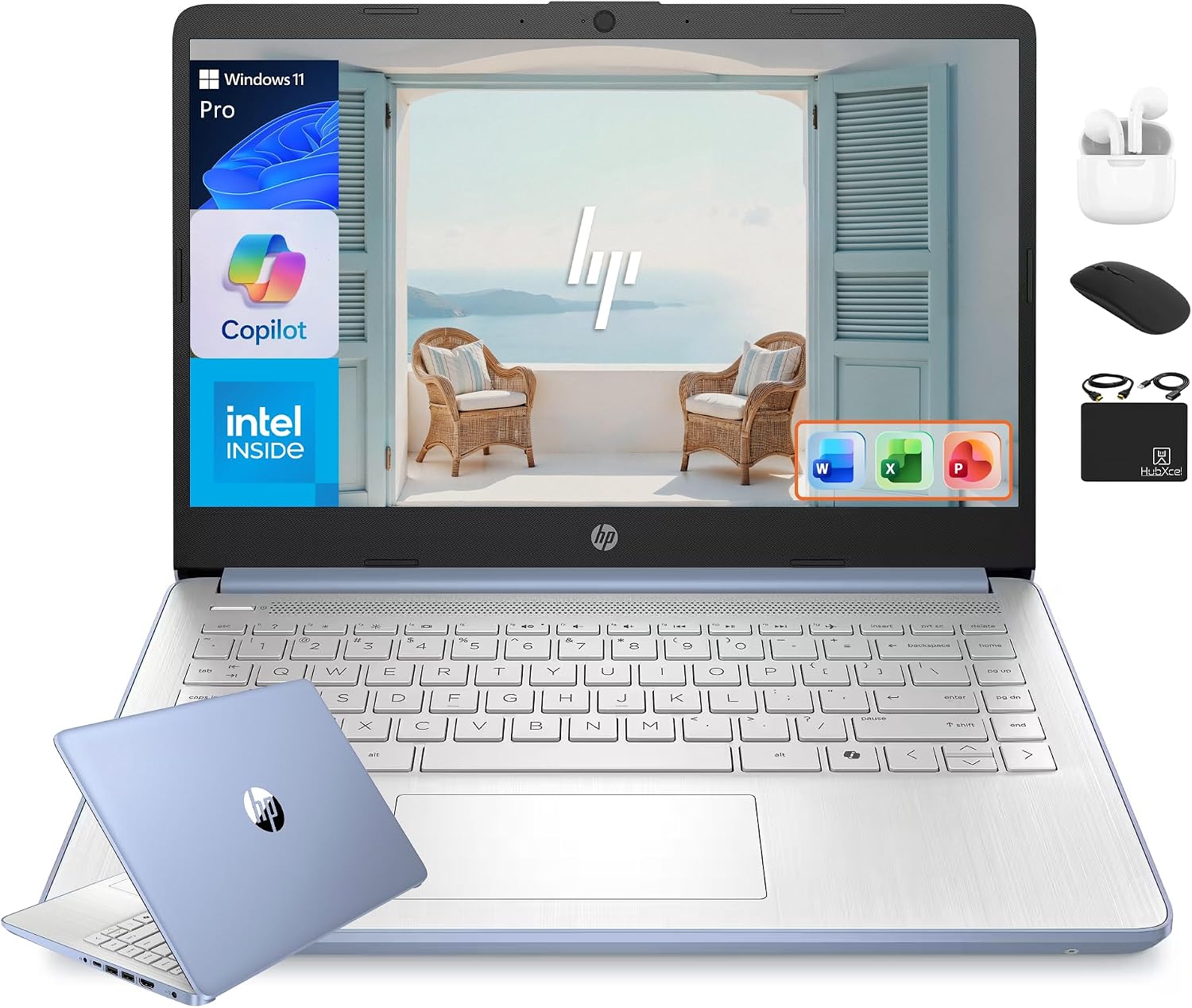HP 14' Flagship Laptop 2025 AI-Powered Computer, Office Lifetime, Student Business, 4-Core Intel CPU, 16GB RAM 628GB Storage (128GB UFS+ 500GB Ext), Long Battery HubxcelAccessory Win 11 Pro Sky Blue