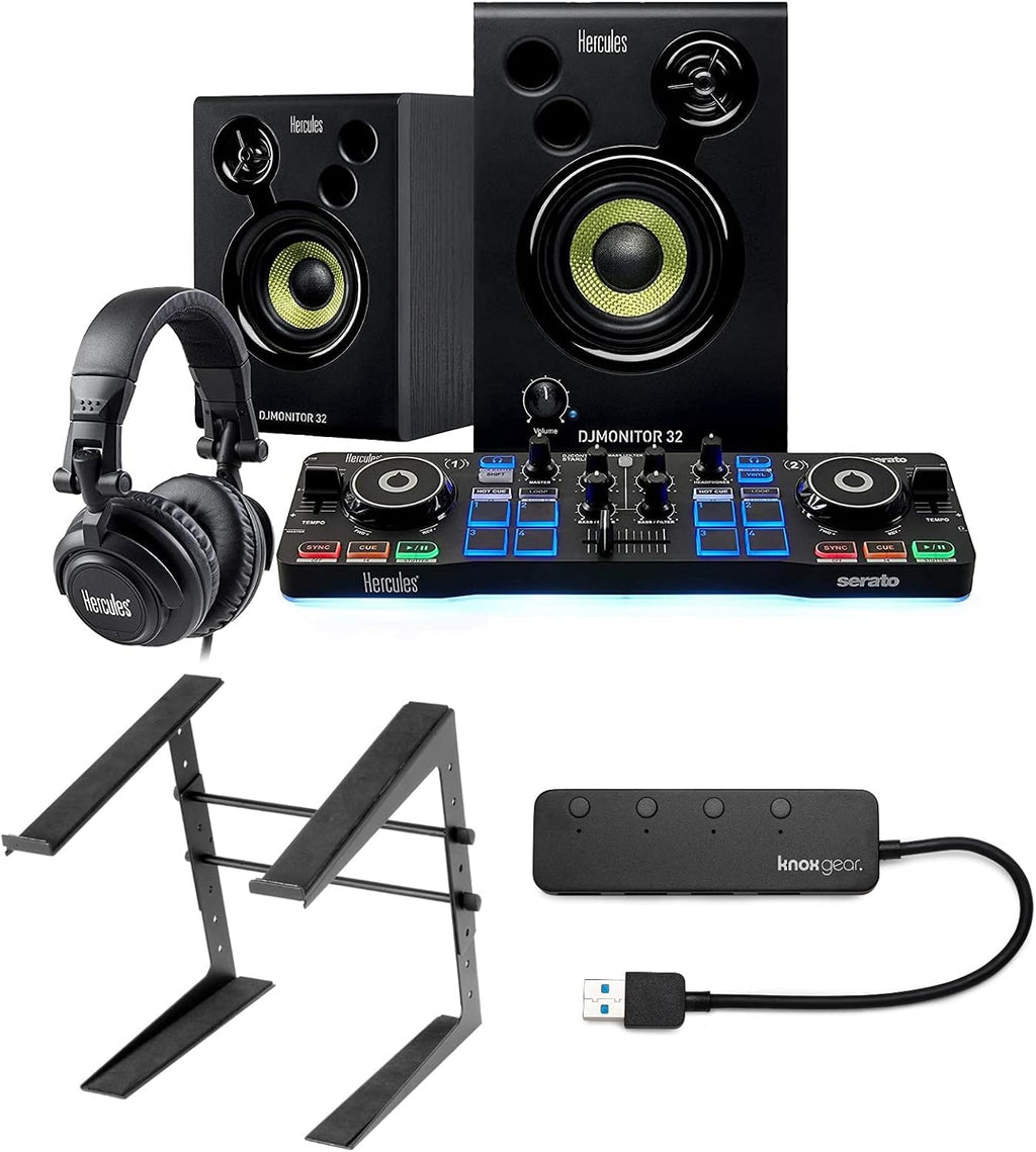 Hercules DJ Starter with Serato DJ Lite Controller and DJMonitor 32 Active Speakers Bundle With Headphones, Laptop Stand and 4-Port USB 3.0 Hub (3 Items)