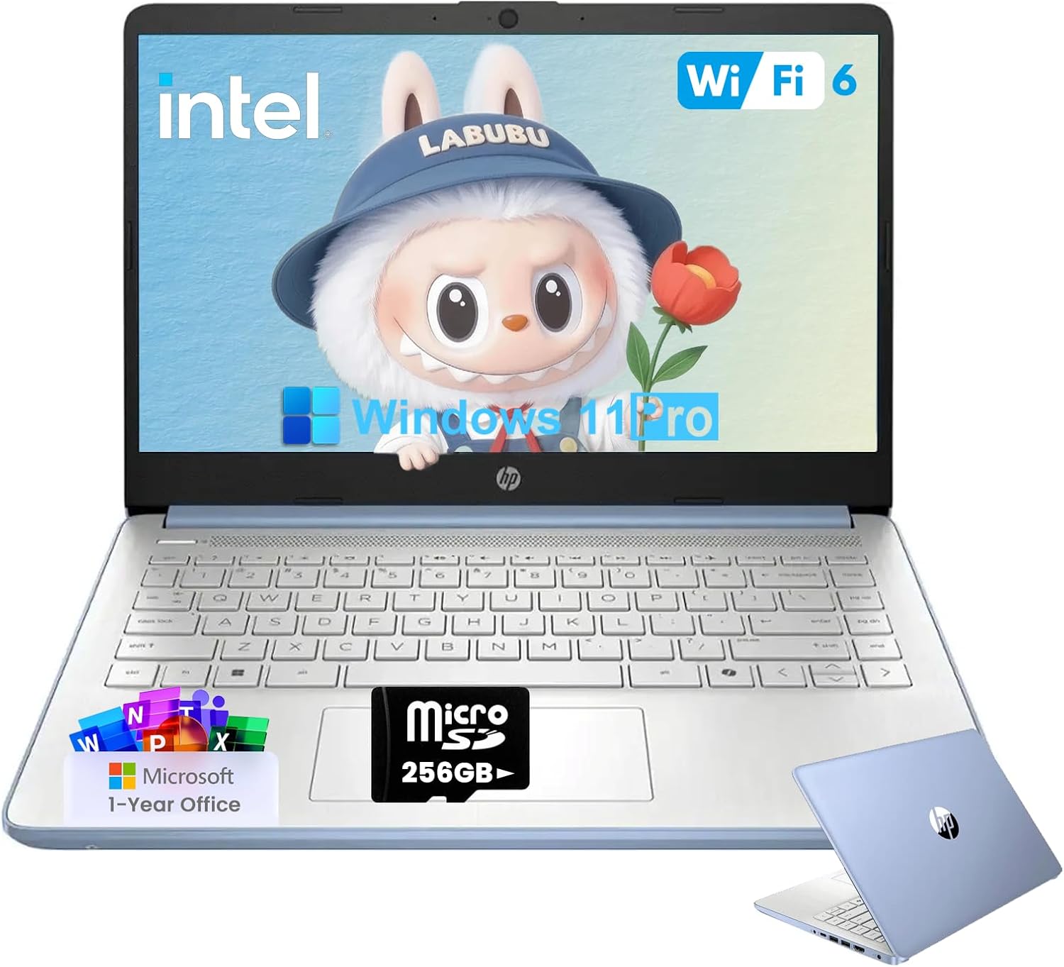 HP 2025 Student Business Laptop Computer - w/1 Year Office 365, 16GB RAM, 128GB UFS & 256GB SD Card, Ai Copilot Intel 4-Core Processor, HD Display, Windows 11 Pro(Blue)