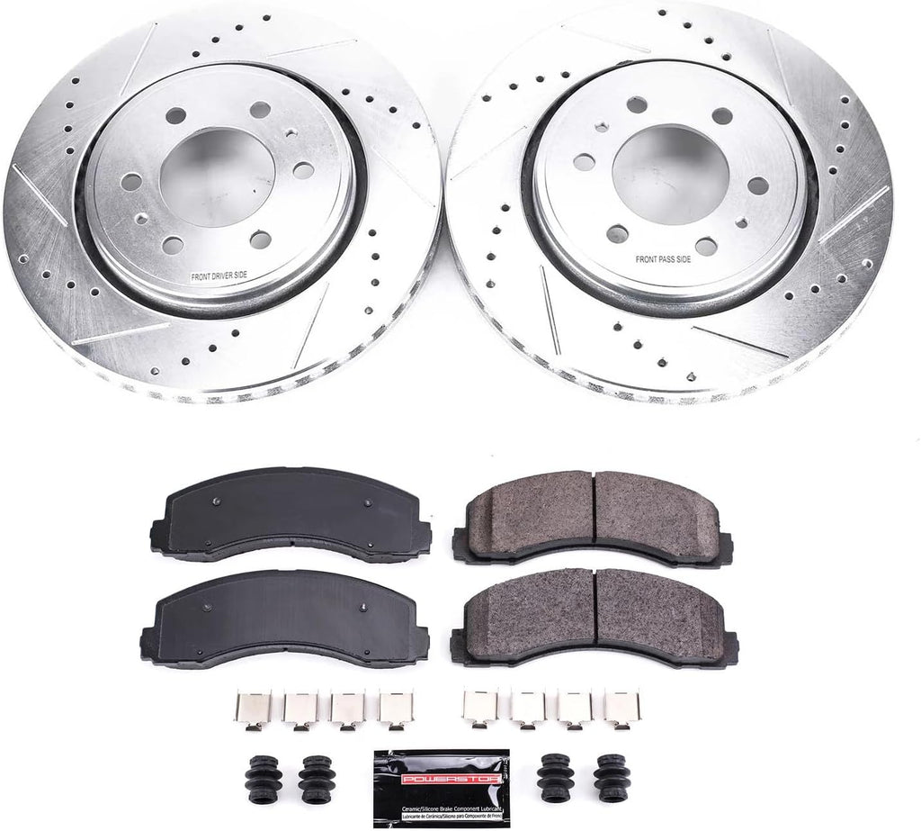 PowerStop Front Brake Kit for Ford Expedition 2010-21 |F-150 2010-20 |Lincoln Navigator 2010-21 - Drilled and Slotted Disc Rotors with Carbon-Fiber Ceramic Brake Pads Replacement, K3167