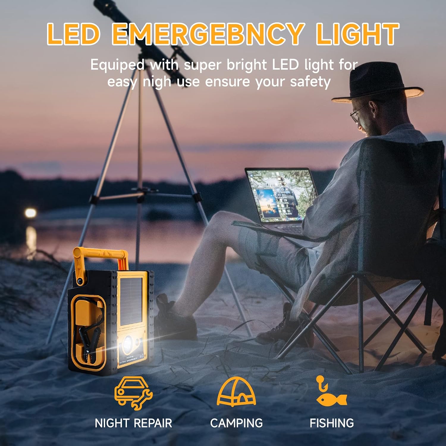 Solar Portable Power Station, 2000Amps Car Battery Jump Starter Battery Pack with 400W Inverter Dual AC/DC/USB Output, 260 PSI Air Compressor, 12V Jump Box for Car Battery with Flashlights