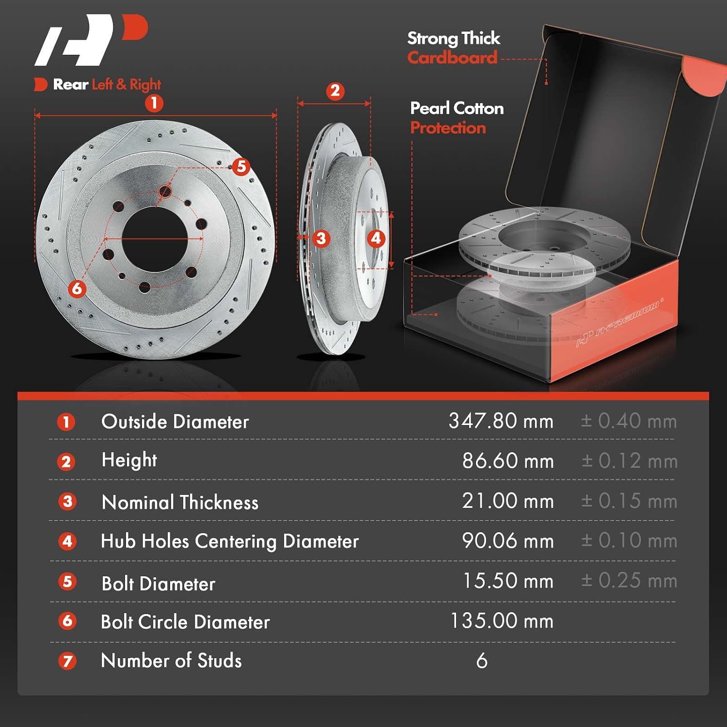 A-Premium Front Vented & Rear Drilled and Slotted Disc Brake Rotors + Ceramic Pads Kit Compatible with Select Ford Models - For F-150 2010-2011, 6 Lug Models Only, 12-PC Set