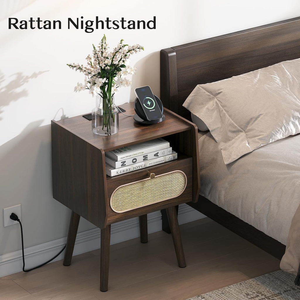Nightstand Set of 2, Rattan Night Stands with Charging Station, Mid Century Modern Bedside Table with Drawer, Boho Dark Brown End Table with Storage, Wood Side Table for Bedroom, Dark Walnut