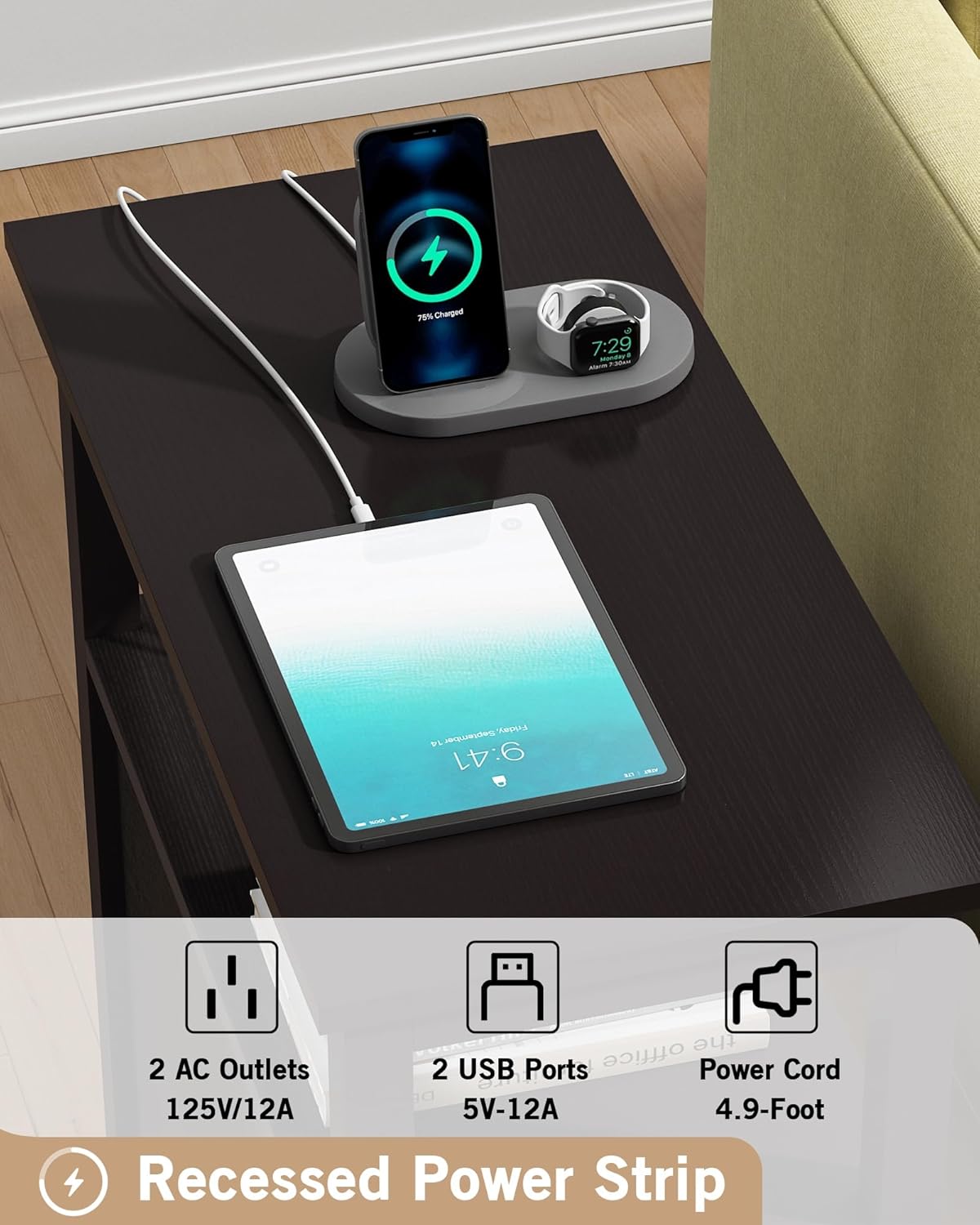 3-Tier Side Table Slim Sofa End Table with 2 Drawers and 1 Open Shelf Narrow Space for Living Room, Espresso Power (Outlets and USB Ports Included) Set of 2