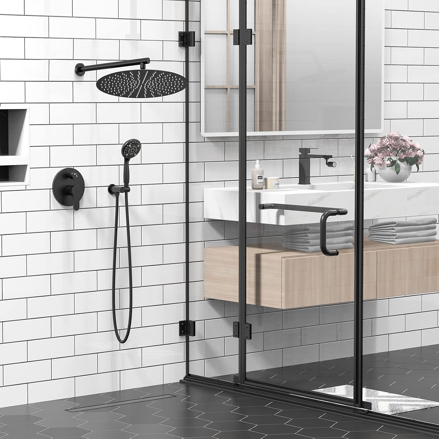 SR SUN RISE Shower Faucet - 16 Inch Multifunctional High Pressure Shower Head System with Handheld Shower Head Fixtures - Valve Included - Matte Black