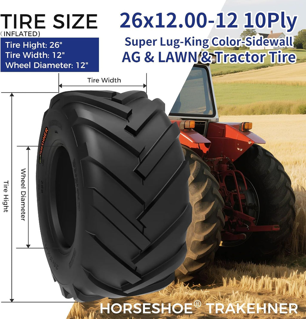 HORSESHOE TRAKEHNER 2-Pcs 26x12.00-12 / 26x12-12 10PR T148 Super Lug-King Ditch Witch Trencher AG Farm Lawn Tractor Tires 26120012 Color-Sidewall Heavy Duty (26x12.00-12 10Ply)