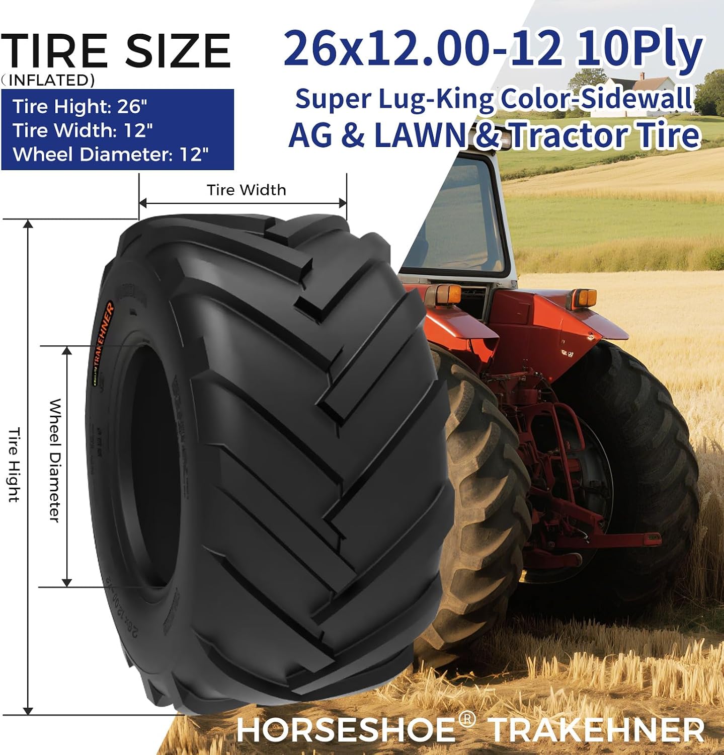 HORSESHOE TRAKEHNER 2-Pcs 26x12.00-12 / 26x12-12 10PR T148 Super Lug-King Ditch Witch Trencher AG Farm Lawn Tractor Tires 26120012 Color-Sidewall Heavy Duty (26x12.00-12 10Ply)