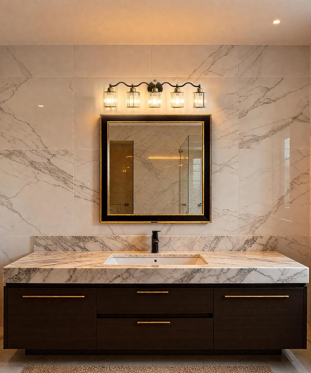 5 Light Vanity Light, Modern Black and Gold Crystal Bathroom Vanity Lighting Fixtures, Bath Wall Mount Lights with Clear Crystal Glass Shade, Wall Sconce Light for Mirror Bedroom Living Room, E26 Base