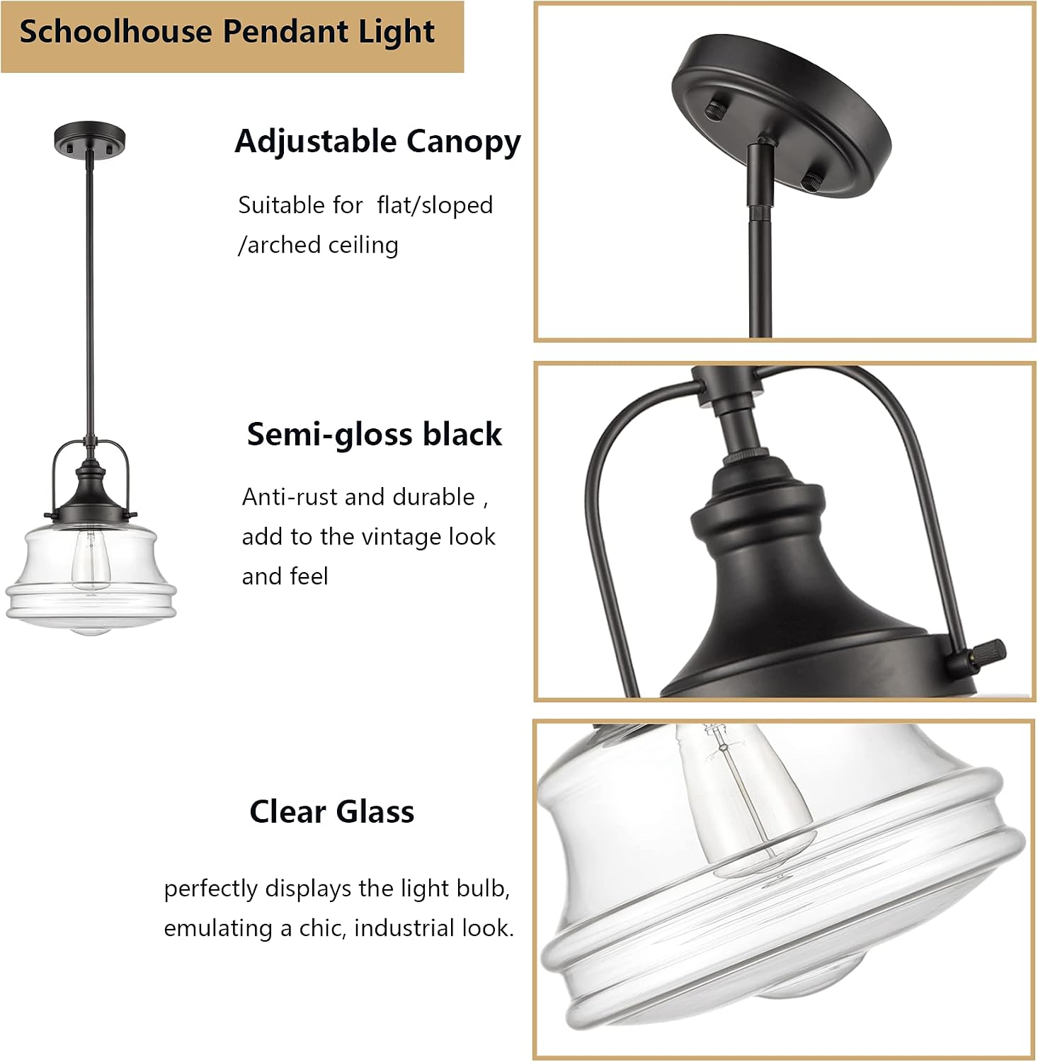 DEYNITE Industrial Farmhouse Pendant Light Clear Glass Schoolhouse Hanging Light Fixture Black, E26 Dimmable Light for Kitchen Bar Dining Bathroom Bedroom