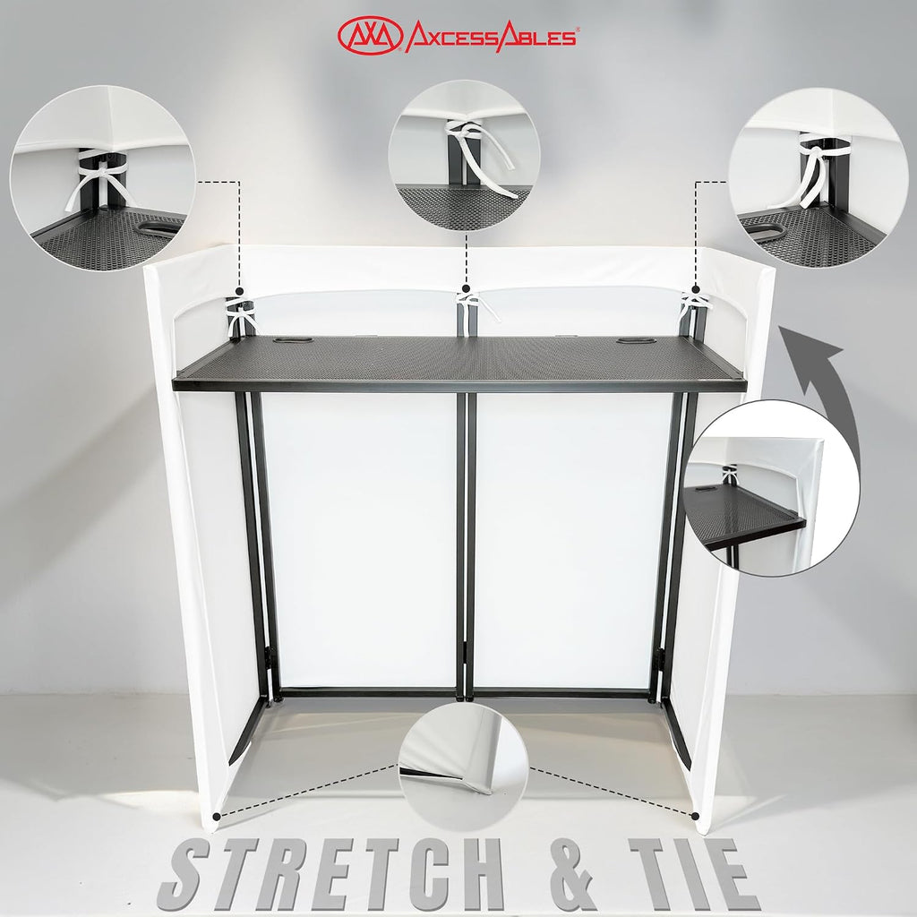 AxcessAbles Portable White DJ Facade Booth with Carry Case – 40' x 20' Tabletop, Steel Frame, and White Scrim | White DJ Table | Event Booth (ES-01X)