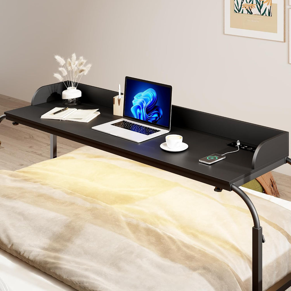 HWB Bed Table with Wheels for King Size, Over Bed Desk with Adjustable Height for Laptop, Overbed Table with Charging Station & LED Lights, Rolling Tables with AC Outlets, Black