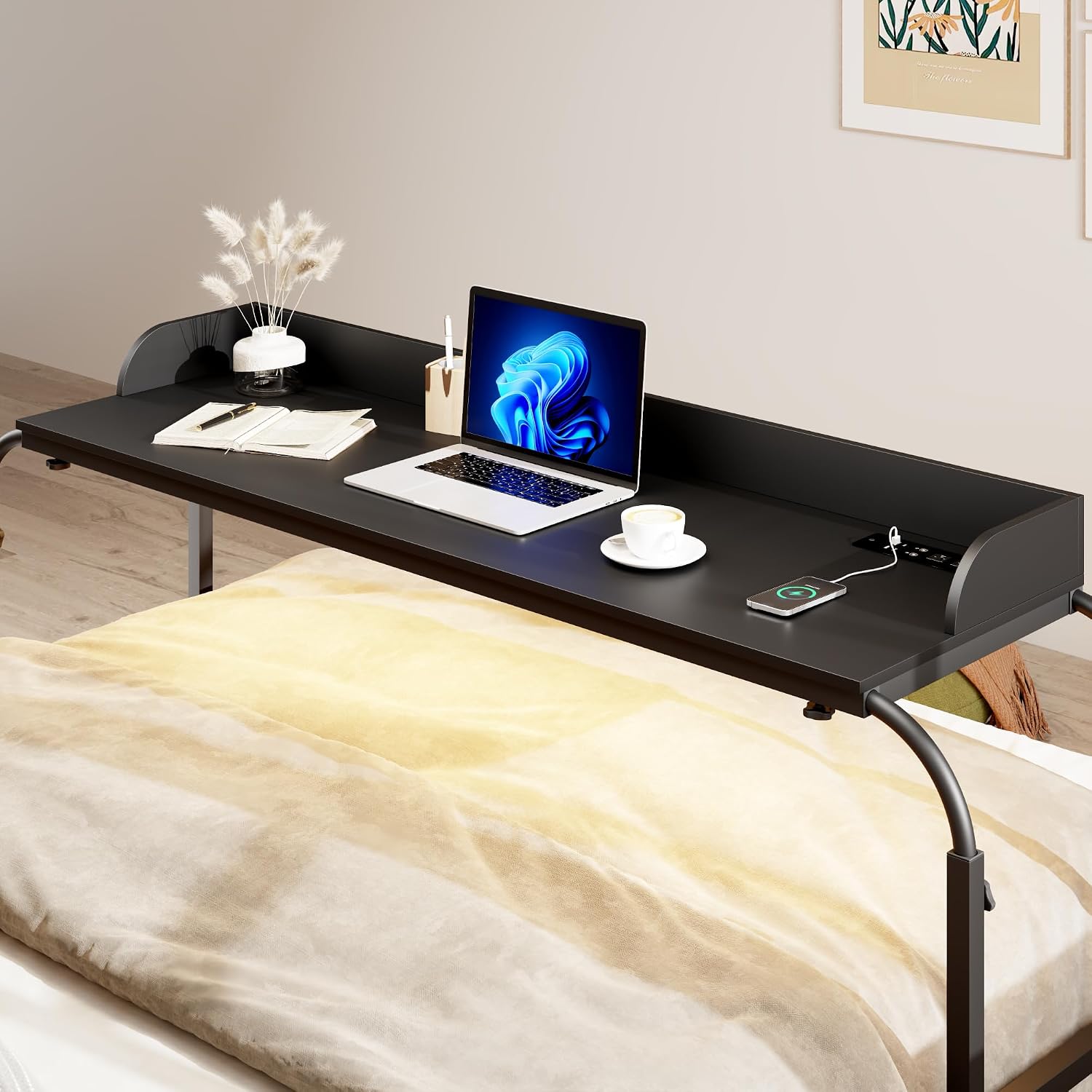 HWB Bed Table with Wheels for King Size, Over Bed Desk with Adjustable Height for Laptop, Overbed Table with Charging Station & LED Lights, Rolling Tables with AC Outlets, Black