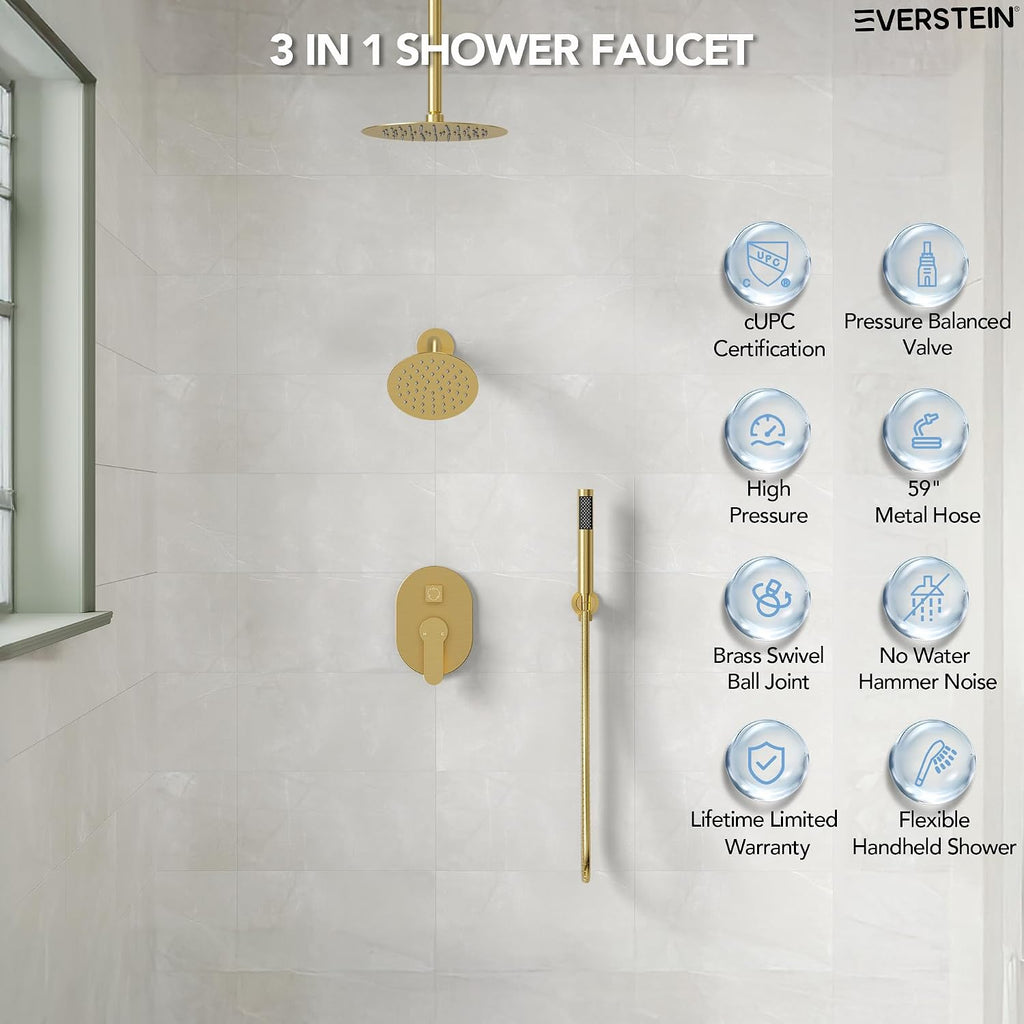 Ceiling Mount 10' High-Pressure Rainfall Shower Faucet, Dual Rainfall Shower Head System with Valve (Brushed Gold)