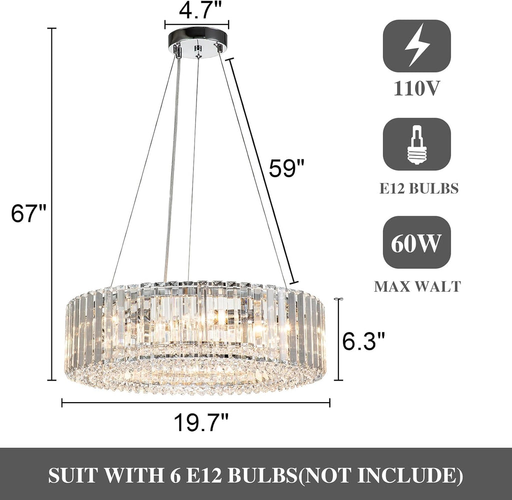 Lingkai Modern Round Crystal Chandelier, 19.7 in 6-Light Luxury Crystal Pendant Light Fixture E12 Bulb Semi Flush Ceiling 60W Adujustable Hanging Core Light Chrome